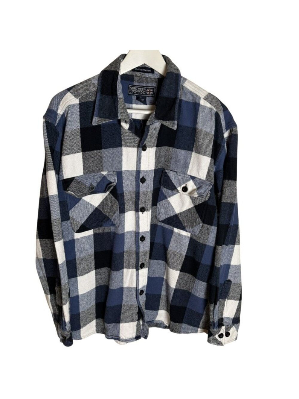 Vintage 90s Blue Plaid Flannel Button-Up Shirt, Grunge, Size Large